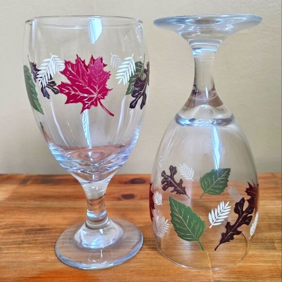 2 Libbey Glass Goblets Water Wine Autumn Fall Harvest Leaves Green Brown Red - Picture 1 of 6